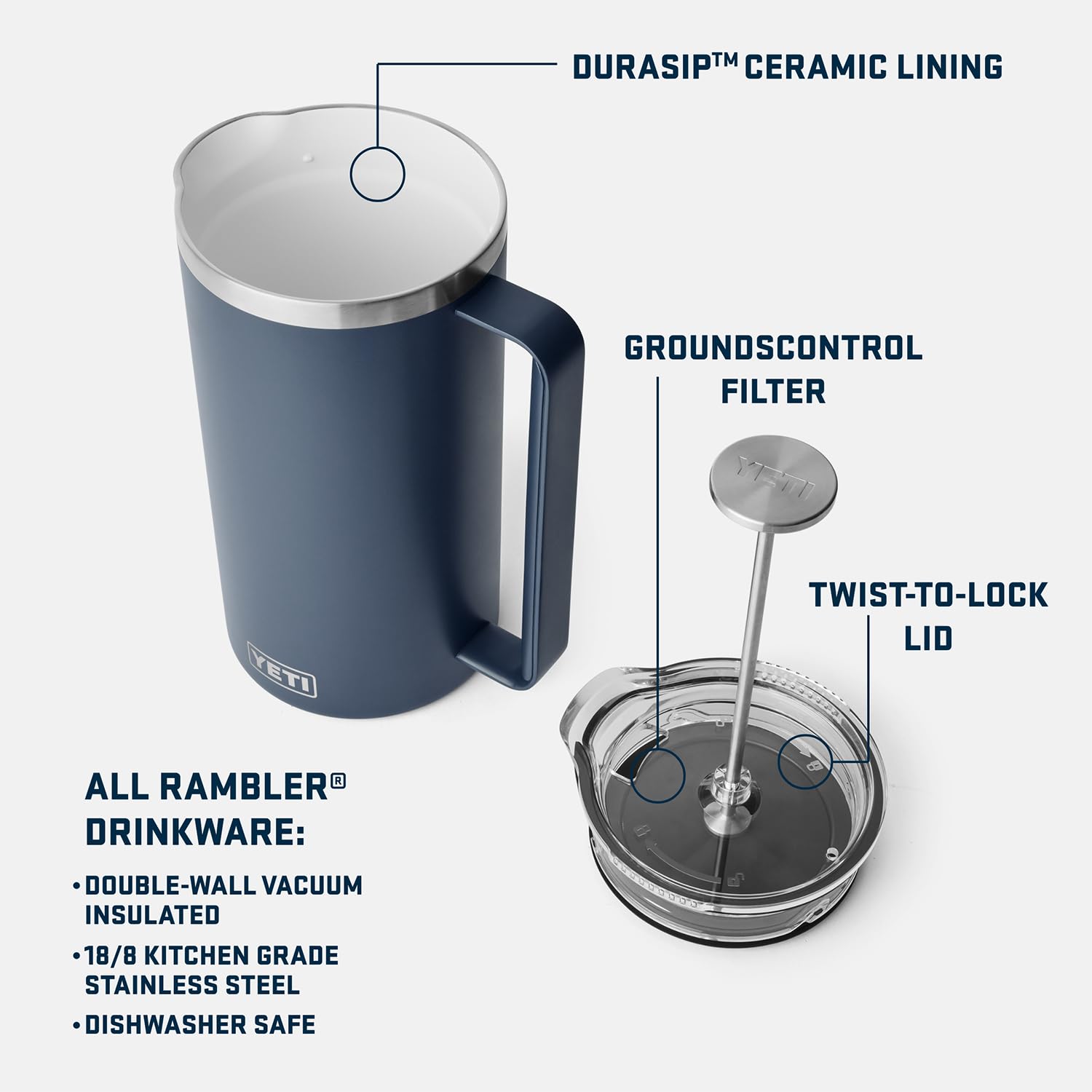 YETI Rambler 34 oz French Press Kaffeemaschine mit GroundsControl Filter, Navy