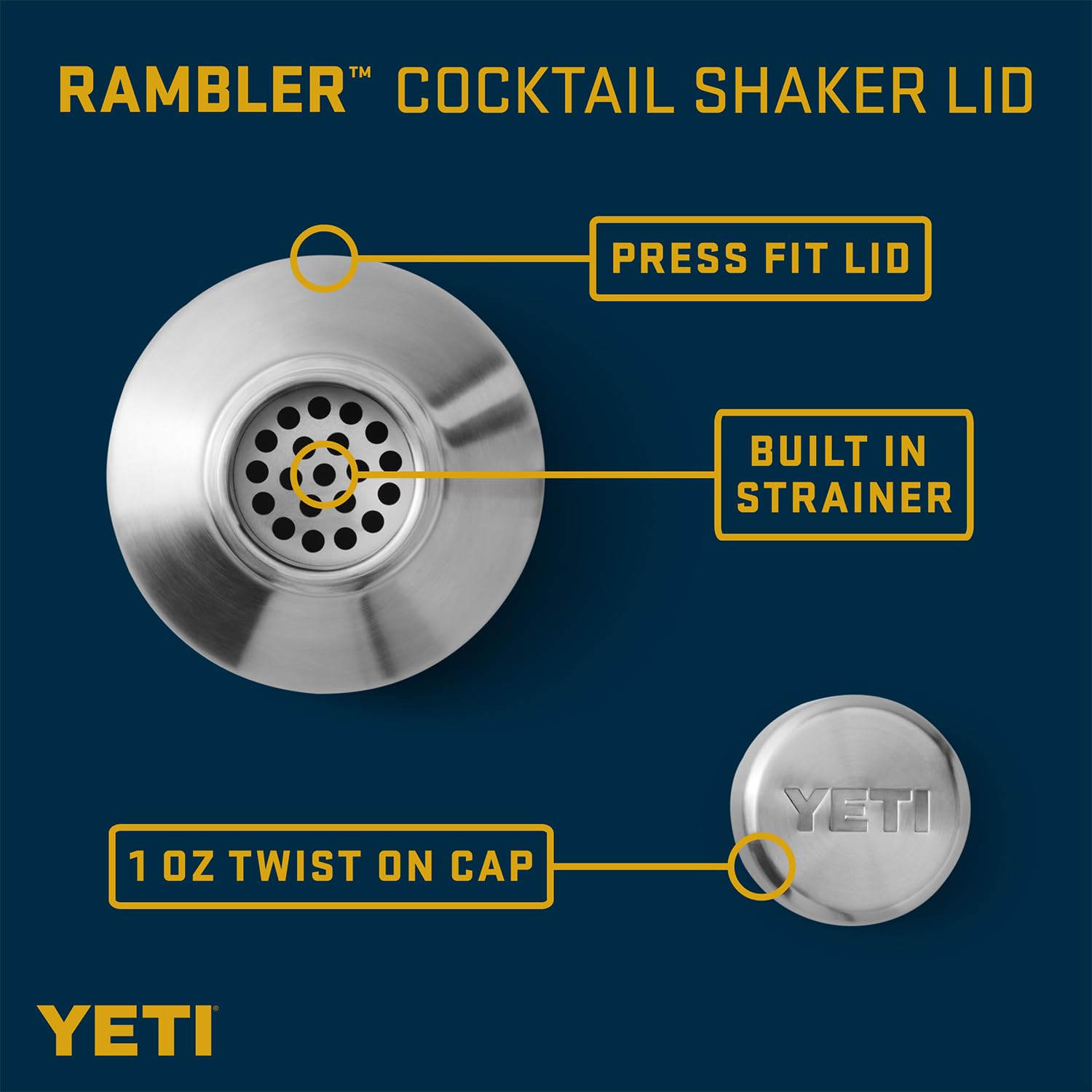 YETI Cocktailshaker-Deckel (Edelstahl) – Kompatibel mit Rambler 20 oz Tumbler / 24 oz Mug / 10 oz Lowball
