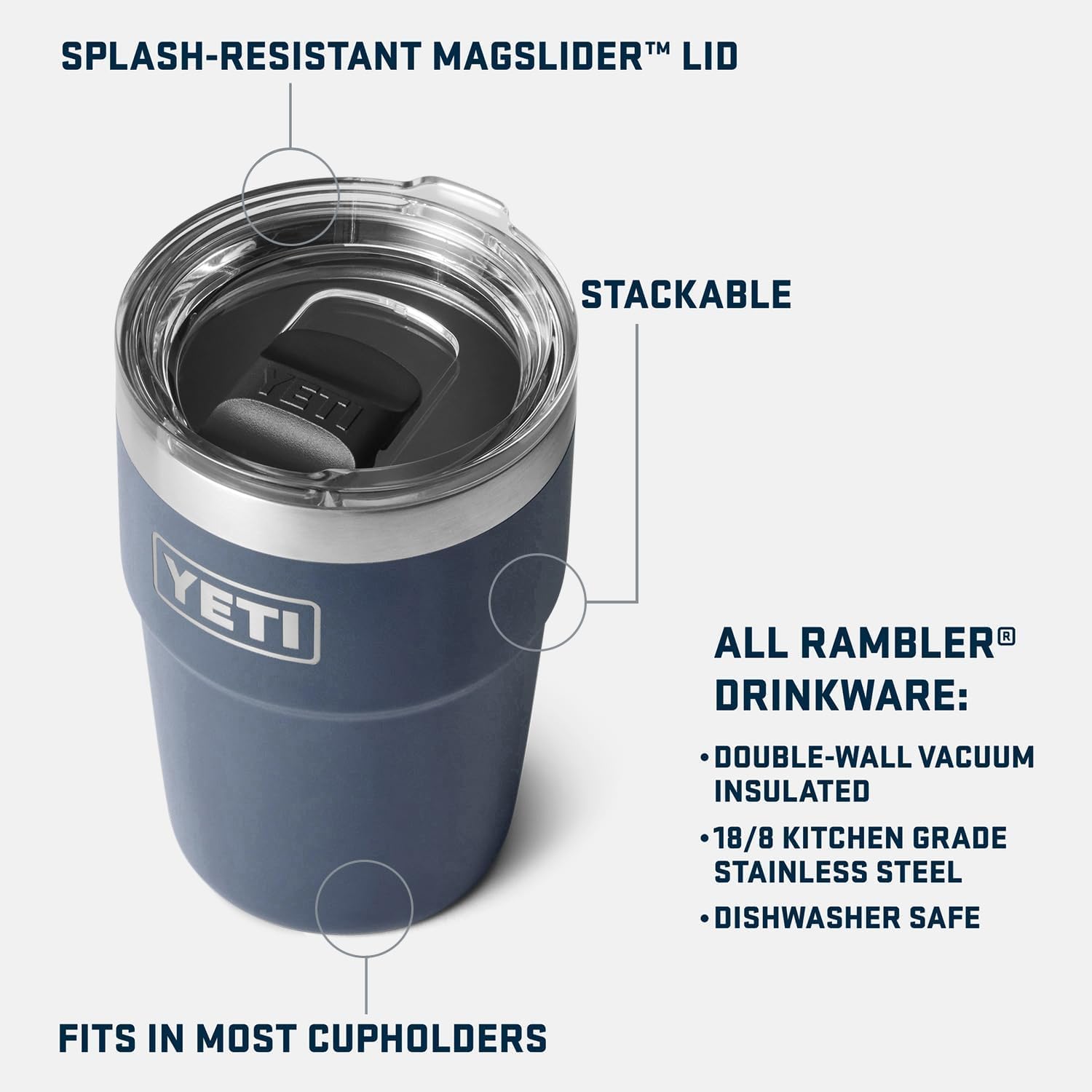 YETI Rambler 16 oz Stapelbecher, Vakuum-isoliert, Edelstahl mit MagSlider Deckel