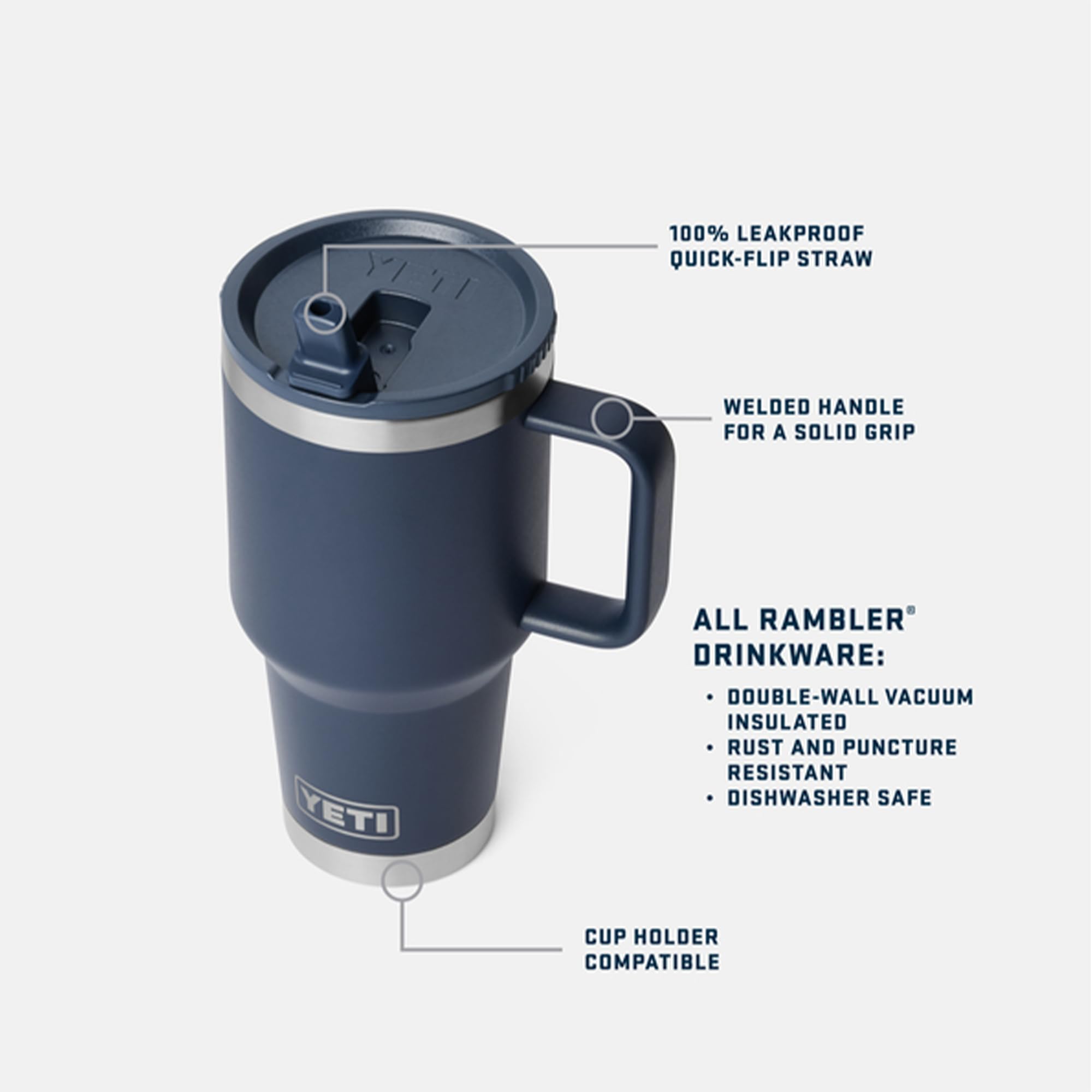 YETI Rambler 30 oz Reisebecher mit Flip-Strohhalmdeckel – Edelstahl, vakuumisoliert, auslaufsicher, passend für Getränkehalter, Seestein