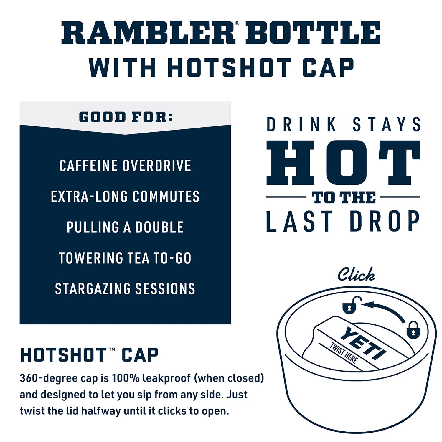 YETI Rambler Flasche 12 oz – Edelstahl, vakuumisoliert mit Hot Shot Cap
